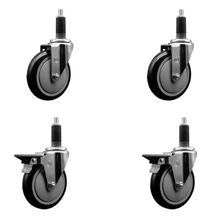 Service Caster 5'' Black Poly Wheel Swivel 1-1/8'' Expanding Stem Caster Set 2 Brakes, 4PK SCC-EX20S514-PPUB-BLK-2-PLB-2-118